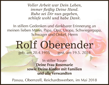 Traueranzeige von Rolf Oberender von WVG - Wochenspiegel NMB / WSF / ZTZ