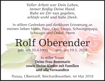 Traueranzeige von Rolf Oberender von Mitteldeutsche Zeitung Weißenfels