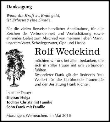 Traueranzeige von Rolf Wedekind von Mitteldeutsche Zeitung Sangerhausen