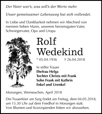 Traueranzeige von Rolf Wedekind von Mitteldeutsche Zeitung Sangerhausen