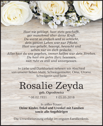 Traueranzeige von Rosalie Zeyda von Mitteldeutsche Zeitung Bitterfeld