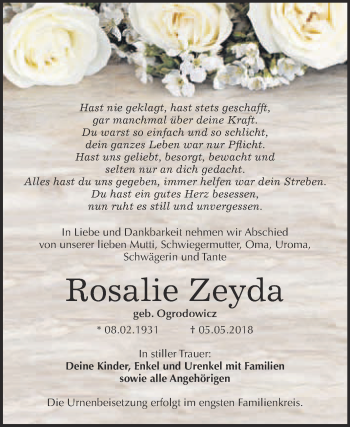 Traueranzeige von Rosalie Zeyda von WVG - Wochenspiegel Bitterfeld