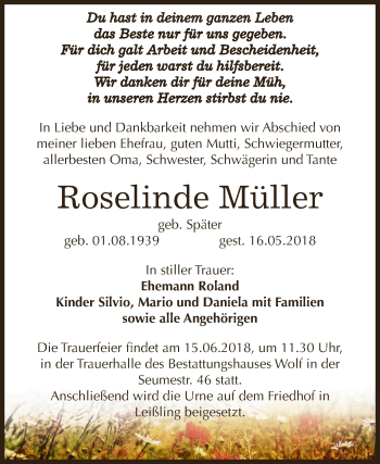Traueranzeige von Roselinde Müller von WVG - Wochenspiegel NMB / WSF / ZTZ