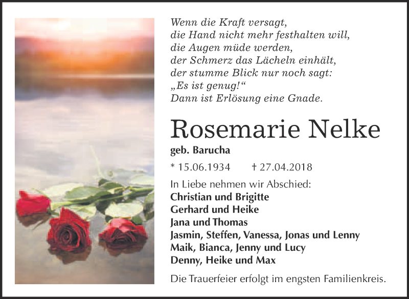  Traueranzeige für Rosemarie Nelke vom 09.05.2018 aus WVG - Wochenspiegel Bitterfeld