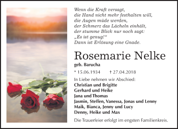 Traueranzeige von Rosemarie Nelke von Mitteldeutsche Zeitung Bitterfeld