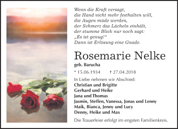 Traueranzeige von Rosemarie Nelke von WVG - Wochenspiegel Bitterfeld