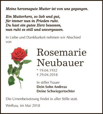 Traueranzeige von Rosemarie Neubauer von WVG - Wochenspiegel NMB / WSF / ZTZ