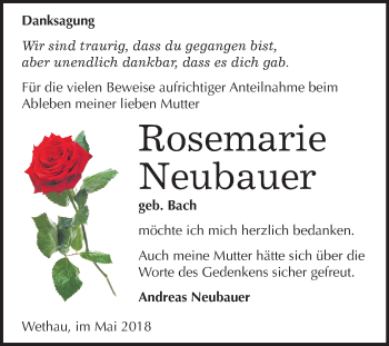 Traueranzeige von Rosemarie Neubauer von Mitteldeutsche Zeitung