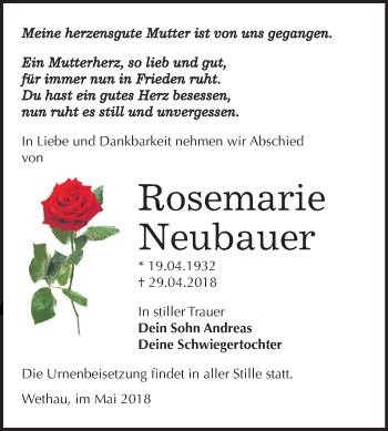 Traueranzeige von Rosemarie Neubauer von Mitteldeutsche Zeitung