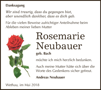 Traueranzeige von Rosemarie Neubauer von WVG - Wochenspiegel NMB / WSF / ZTZ