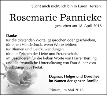 Traueranzeige von Rosemarie Pannicke von Mitteldeutsche Zeitung Köthen