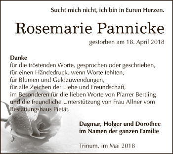 Traueranzeige von Rosemarie Pannicke von WVG - Wochenspiegel Dessau / Köthen