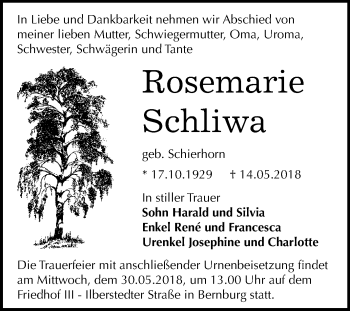 Traueranzeige von Rosemarie Schliewa von Mitteldeutsche Zeitung Bernburg