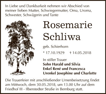 Traueranzeige von Rosemarie Schliwa von Super Sonntag Bernburg