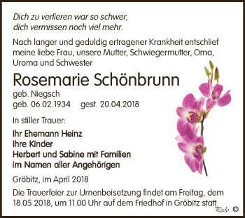Traueranzeige von Rosemarie Schönbrunn von WVG - Wochenspiegel NMB / WSF / ZTZ