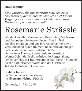 Traueranzeige von Rosemarie Strässle von Mitteldeutsche Zeitung