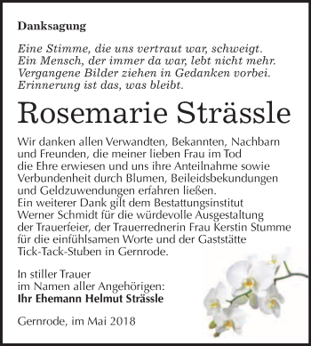 Traueranzeige von Rosemarie Strässle von WVG - Wochenspiegel Quedlinburg