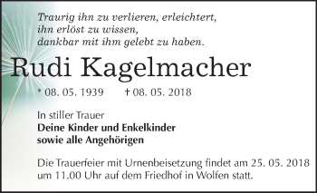 Traueranzeige von Rudi Kagelmacher von Mitteldeutsche Zeitung Bitterfeld