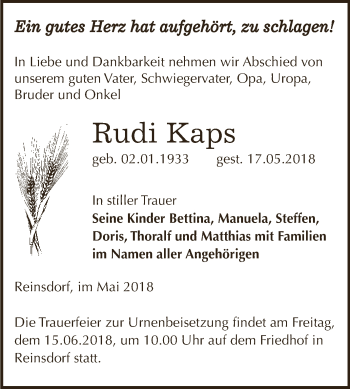 Traueranzeige von Rudi Kaps von WVG - Wochenspiegel NMB / WSF / ZTZ