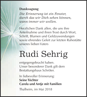 Traueranzeige von Rudi Sehrig von WVG - Wochenspiegel Bitterfeld