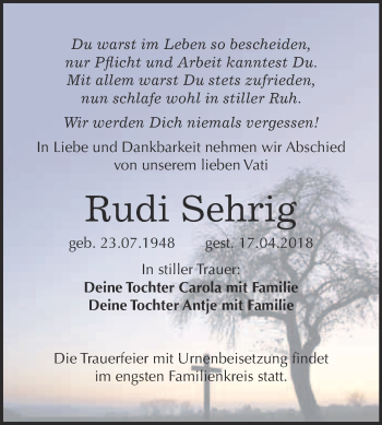 Traueranzeige von Rudi Sehrig von WVG - Wochenspiegel Bitterfeld