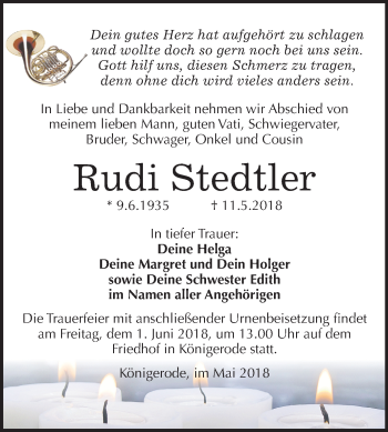 Traueranzeige von Rudi Stedtler von Mitteldeutsche Zeitung Quedlinburg