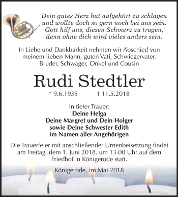 Traueranzeige von Rudi Stedtler von WVG - Wochenspiegel Quedlinburg