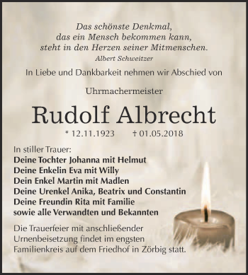 Traueranzeige von Rudolf Albrecht von WVG - Wochenspiegel Bitterfeld