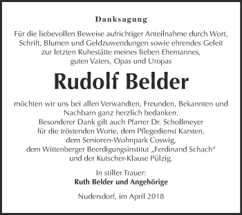 Traueranzeige von Rudolf Belder von WVG - Wochenspiegel Wittenberg