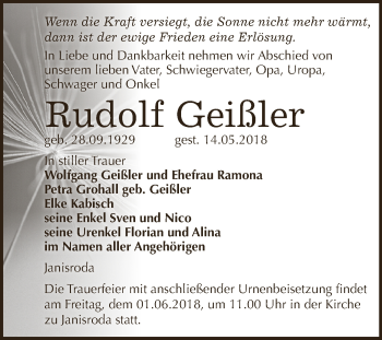 Traueranzeige von Rudolf Geißler von WVG - Wochenspiegel NMB / WSF / ZTZ