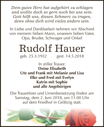 Traueranzeige von Rudolf Hauer von WVG - Wochenspiegel Dessau / Köthen