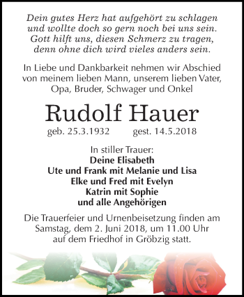 Traueranzeige von Rudolf Hauer von Mitteldeutsche Zeitung Köthen