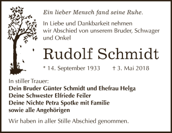Traueranzeige von Rudolf Schmidt von Super Sonntag Zeitz