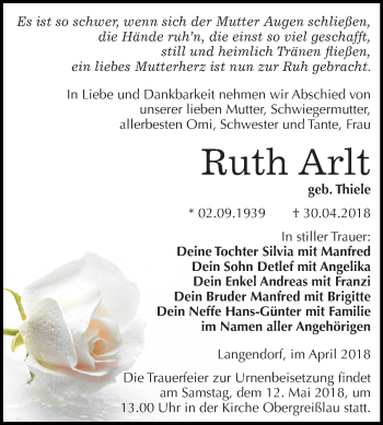 Traueranzeige von Ruth Arlt von Mitteldeutsche Zeitung Weißenfels
