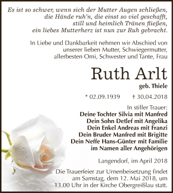 Traueranzeige von Ruth Arlt von WVG - Wochenspiegel NMB / WSF / ZTZ