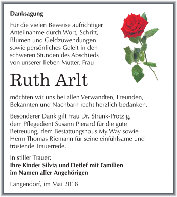 Traueranzeige von Ruth Arlt von Mitteldeutsche Zeitung Weißenfels