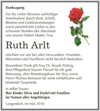 Traueranzeige von Ruth Arlt von WVG - Wochenspiegel NMB / WSF / ZTZ