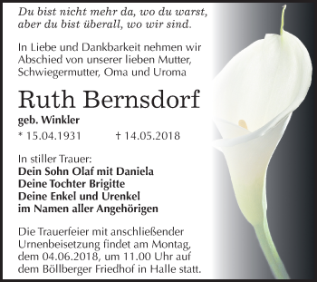 Traueranzeige von Ruth Bernsdorf von Mitteldeutsche Zeitung Halle/Saalkreis