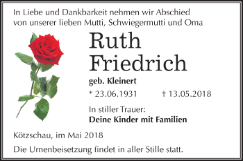 Traueranzeige von Ruth Friedrich von Mitteldeutsche Zeitung Merseburg/Querfurt