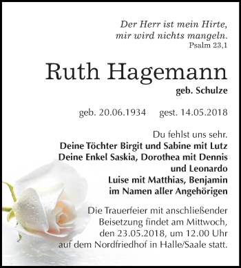 Traueranzeige von Ruth Hagemann von Mitteldeutsche Zeitung Halle/Saalkreis