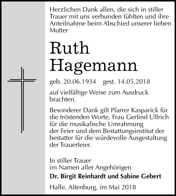 Traueranzeige von Ruth Hagemann von Mitteldeutsche Zeitung Halle/Saalkreis
