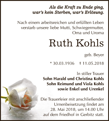 Traueranzeige von Ruth Kohls von Super Sonntag Bernburg