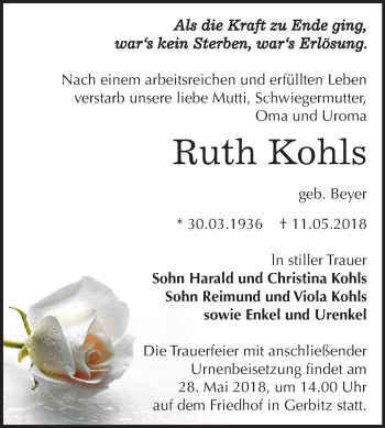 Traueranzeige von Ruth Kohls von Mitteldeutsche Zeitung Bernburg