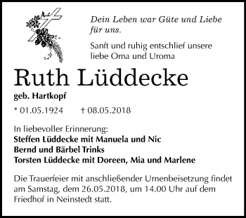 Traueranzeige von Ruth Lüddecke von WVG - Wochenspiegel Quedlinburg