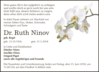 Traueranzeige von Ruth Ninov von WVG - Wochenspiegel Dessau / Köthen
