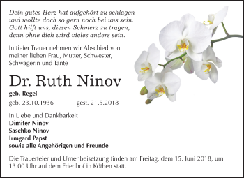 Traueranzeige von Ruth Ninov von Mitteldeutsche Zeitung Köthen