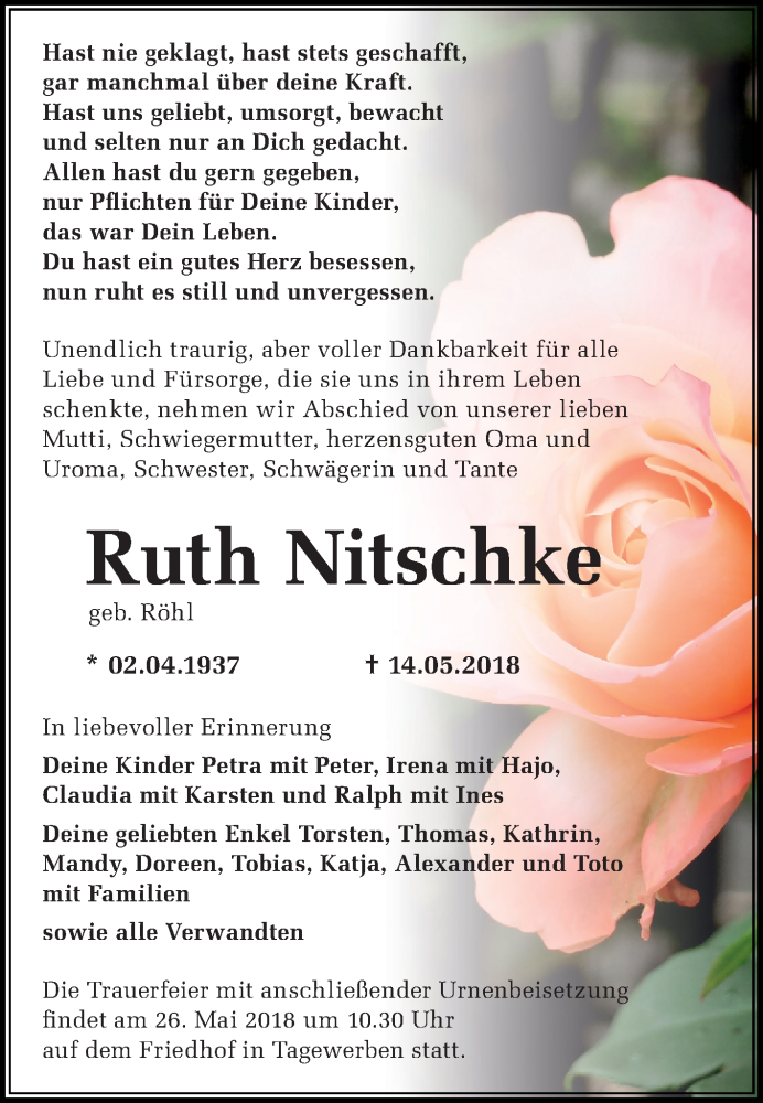  Traueranzeige für Ruth Nitschke vom 19.05.2018 aus Mitteldeutsche Zeitung Weißenfels