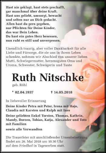 Traueranzeige von Ruth Nitschke von Mitteldeutsche Zeitung Weißenfels