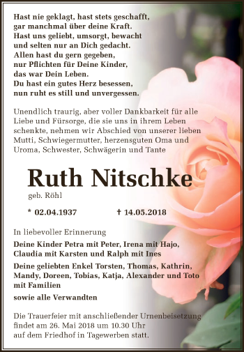 Traueranzeige von Ruth Nitschke von Super Sonntag Aschersleben