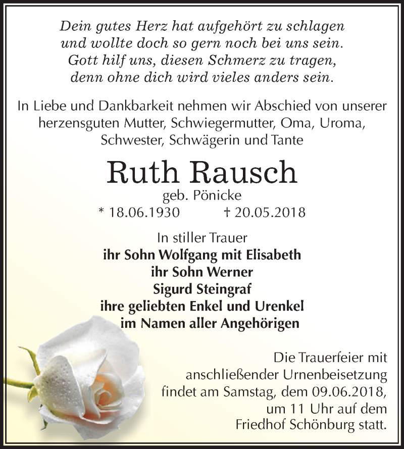  Traueranzeige für Ruth Rausch vom 26.05.2018 aus Mitteldeutsche Zeitung